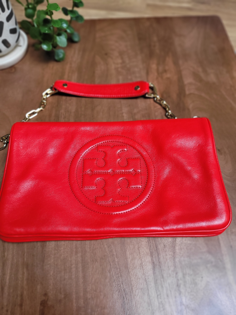 Tory Burch Vibrant Red Leather Logo Wristlet with Chain Strap
